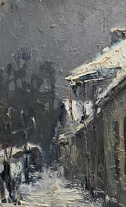 Oil painting Snowy street by Volodymyr Pashchenko snowy alleyway