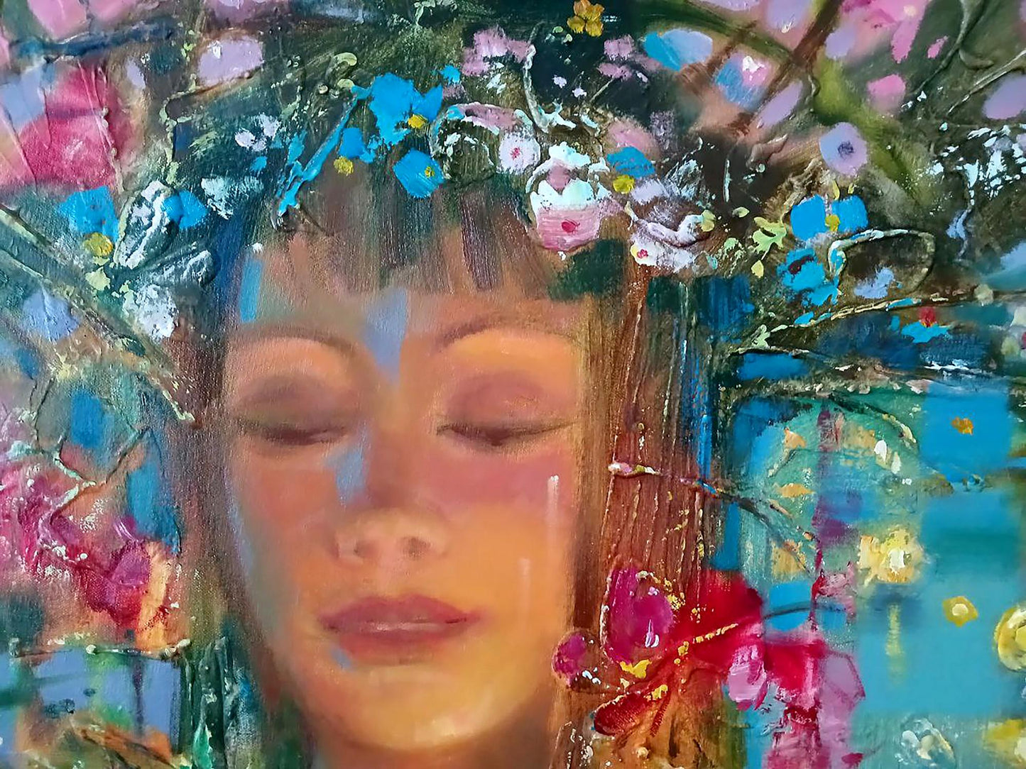 Vibrant impressionistic oil painting of womans face with floral crown by Anatoly Tarabanov Kupala night