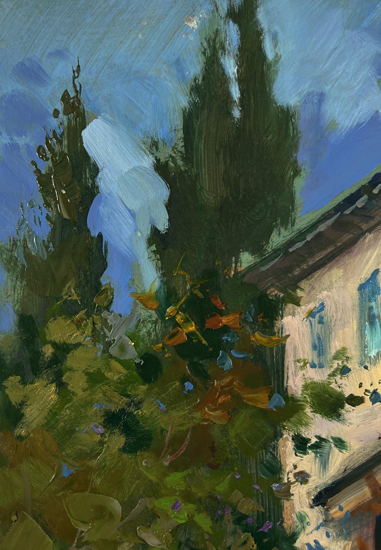 Oil painting by Yuriy Suprunchuk of house with blue shutters in lush trees