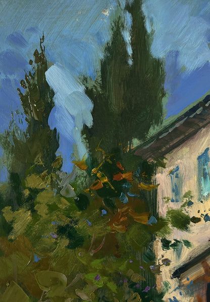 Oil painting by Yuriy Suprunchuk of house with blue shutters in lush trees