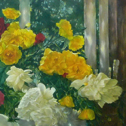 Vibrant oil painting of yellow white roses by Vasily Korkishko