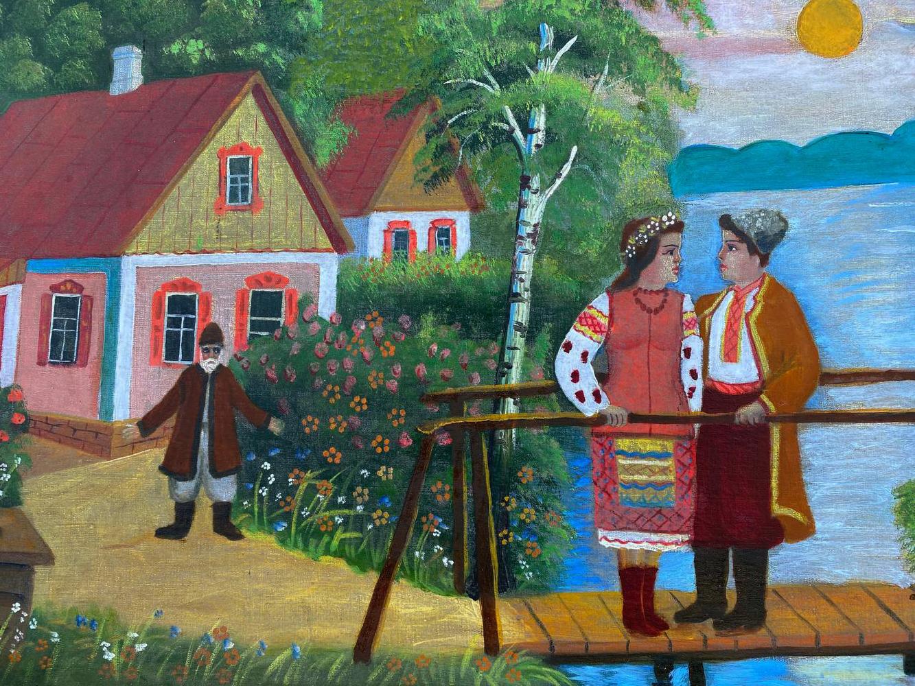 Oil painting of young couple on bridge by unknown artist