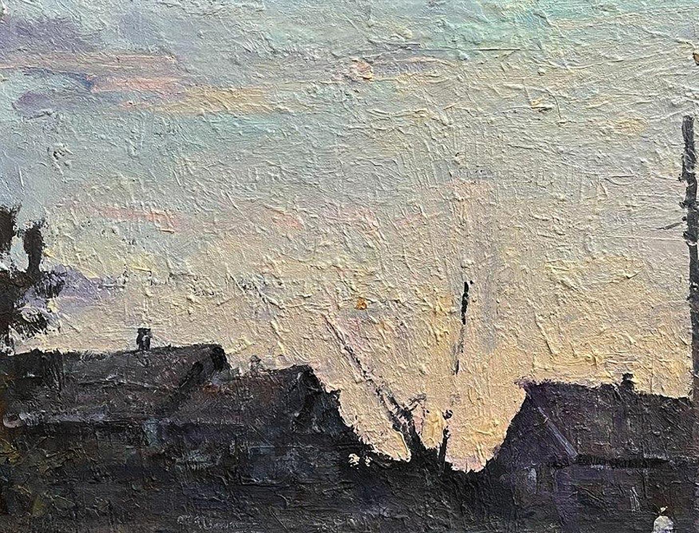 Oil painting Autumn in the village by Volodymyr Pashchenko at dusk