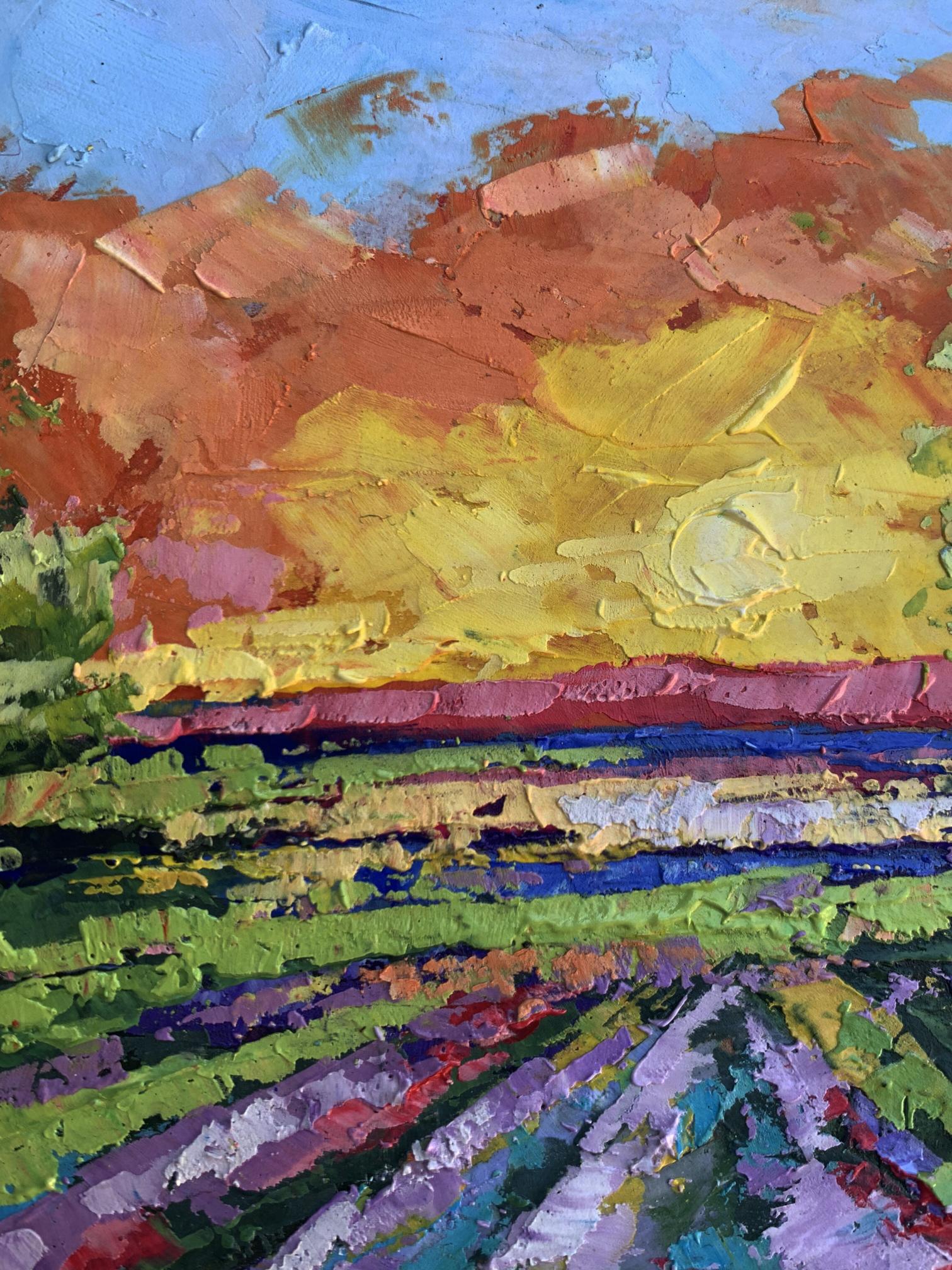 Vibrant impressionist oil painting Sunset in the Field by V. Zadorozhnya