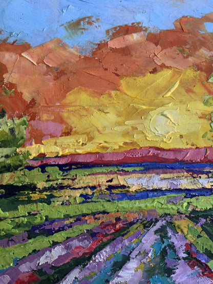 Vibrant impressionist oil painting Sunset in the Field by V. Zadorozhnya