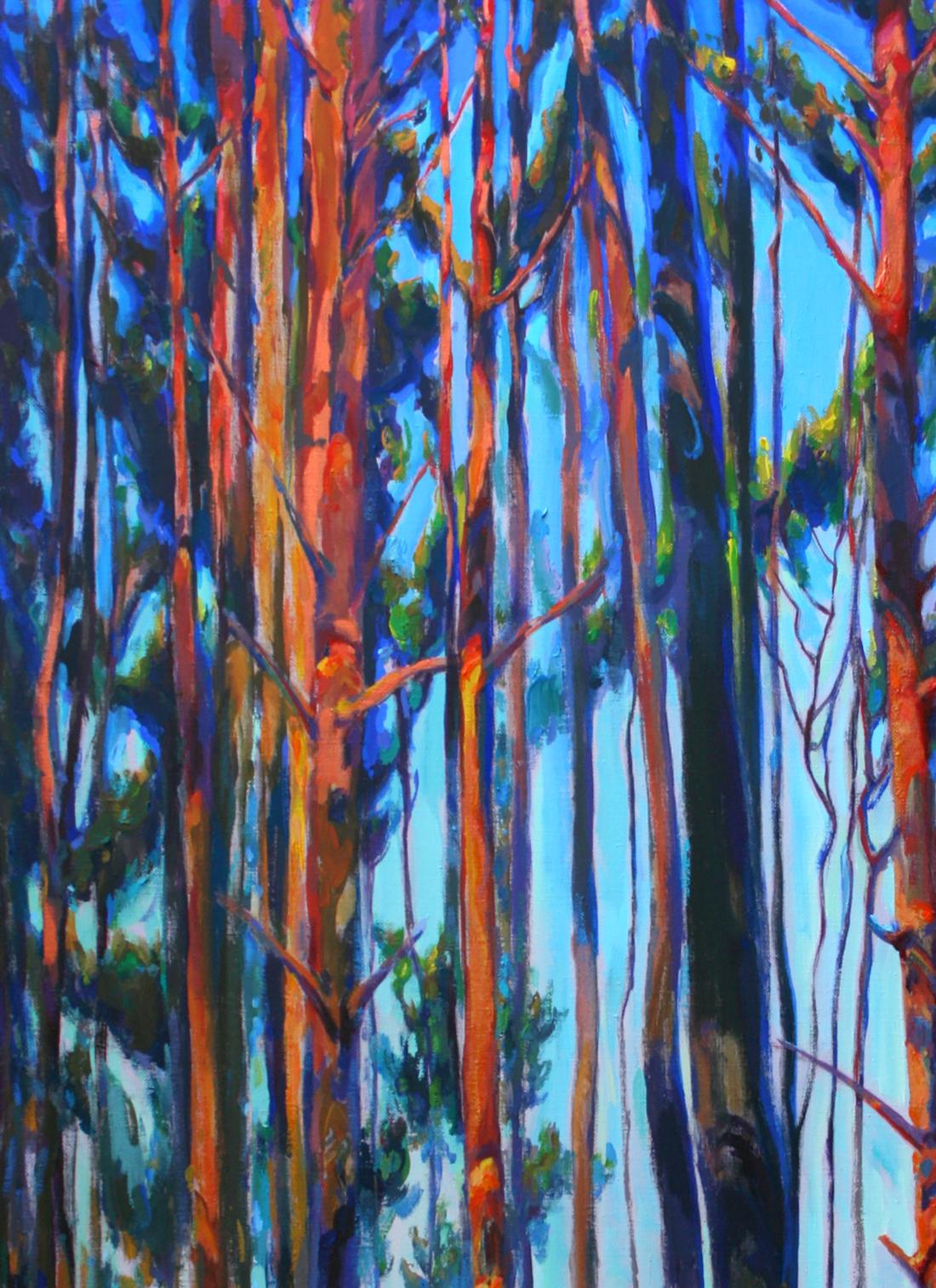 Vibrant acrylic painting of pine forest in summer by Leonid Pavlenko