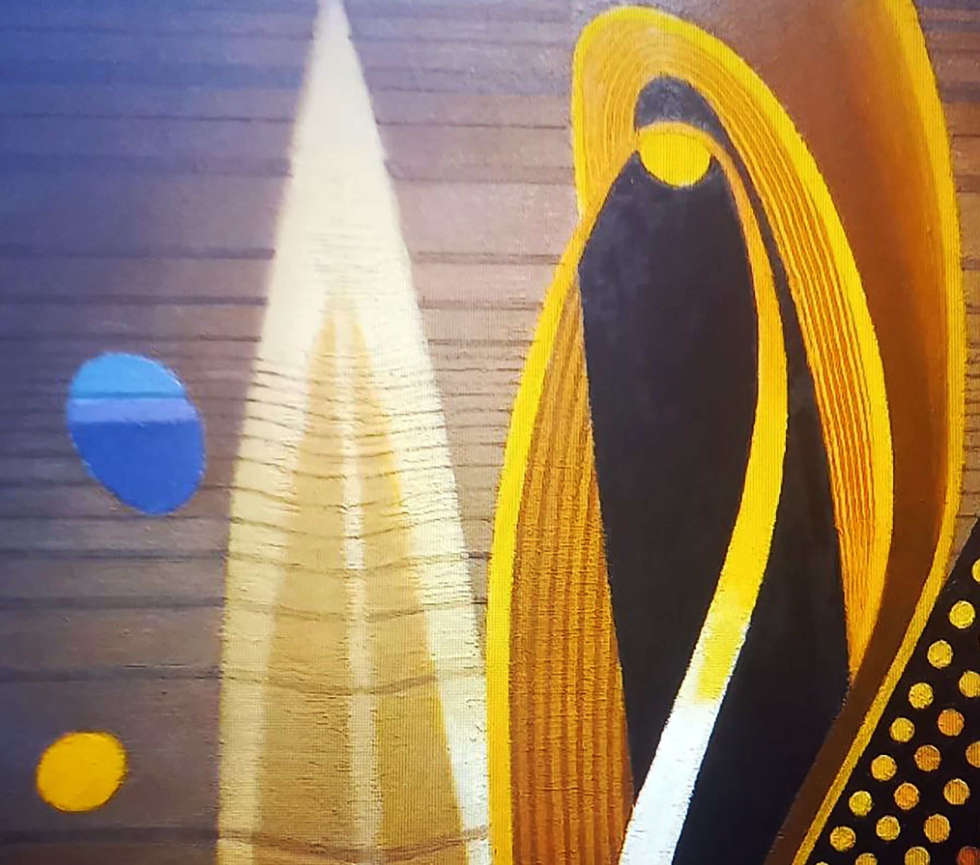 Oil painting Fantasy by Alexander Strashevich: bold yellow, black, white strokes, blue circle, gold dots