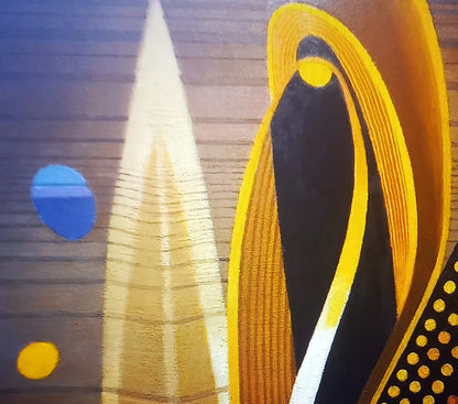 Oil painting Fantasy by Alexander Strashevich: bold yellow, black, white strokes, blue circle, gold dots