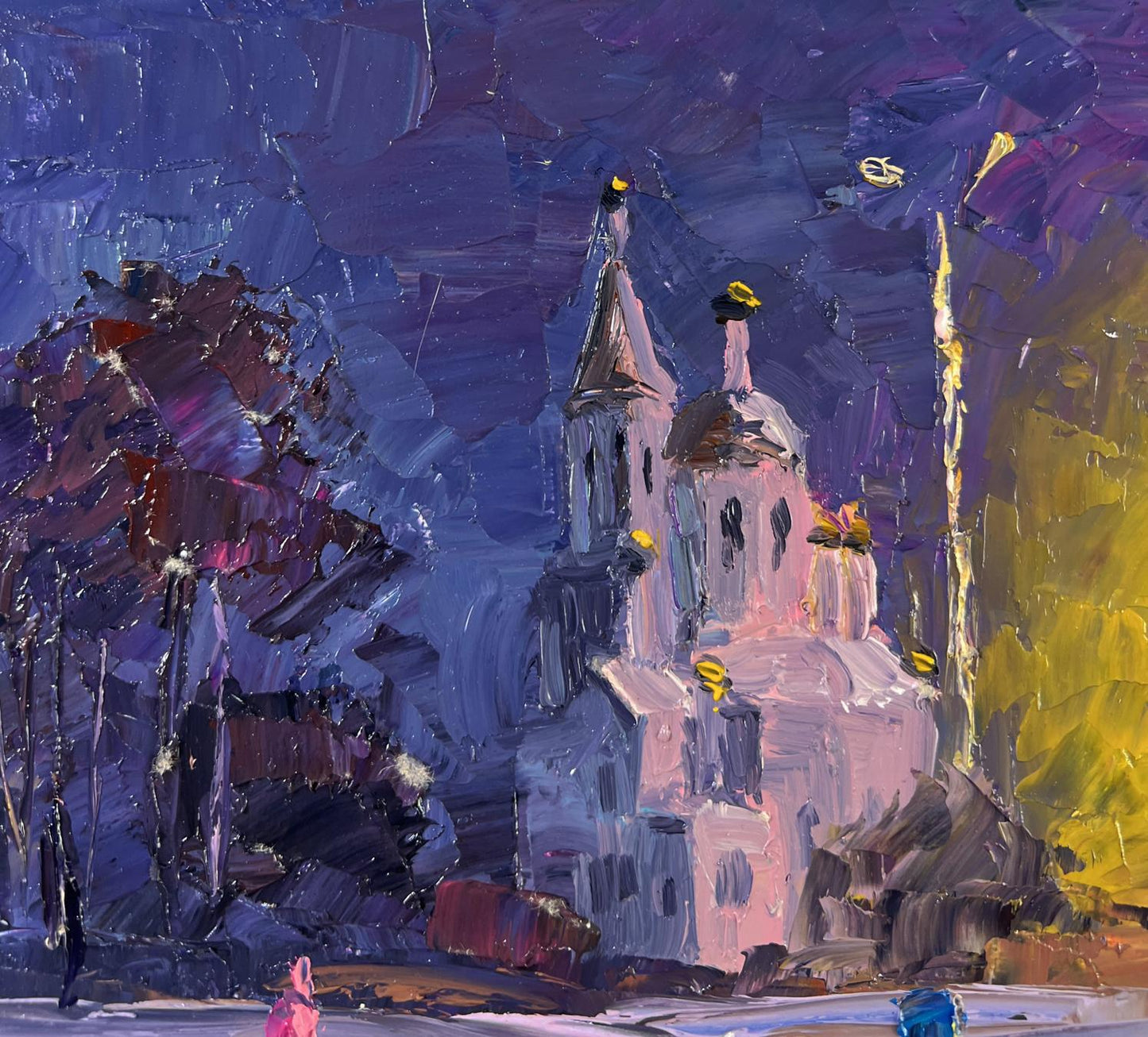 Oil painting The city never sleeps by Boris Serdyuk: impressionist church with pink domes under purple sky