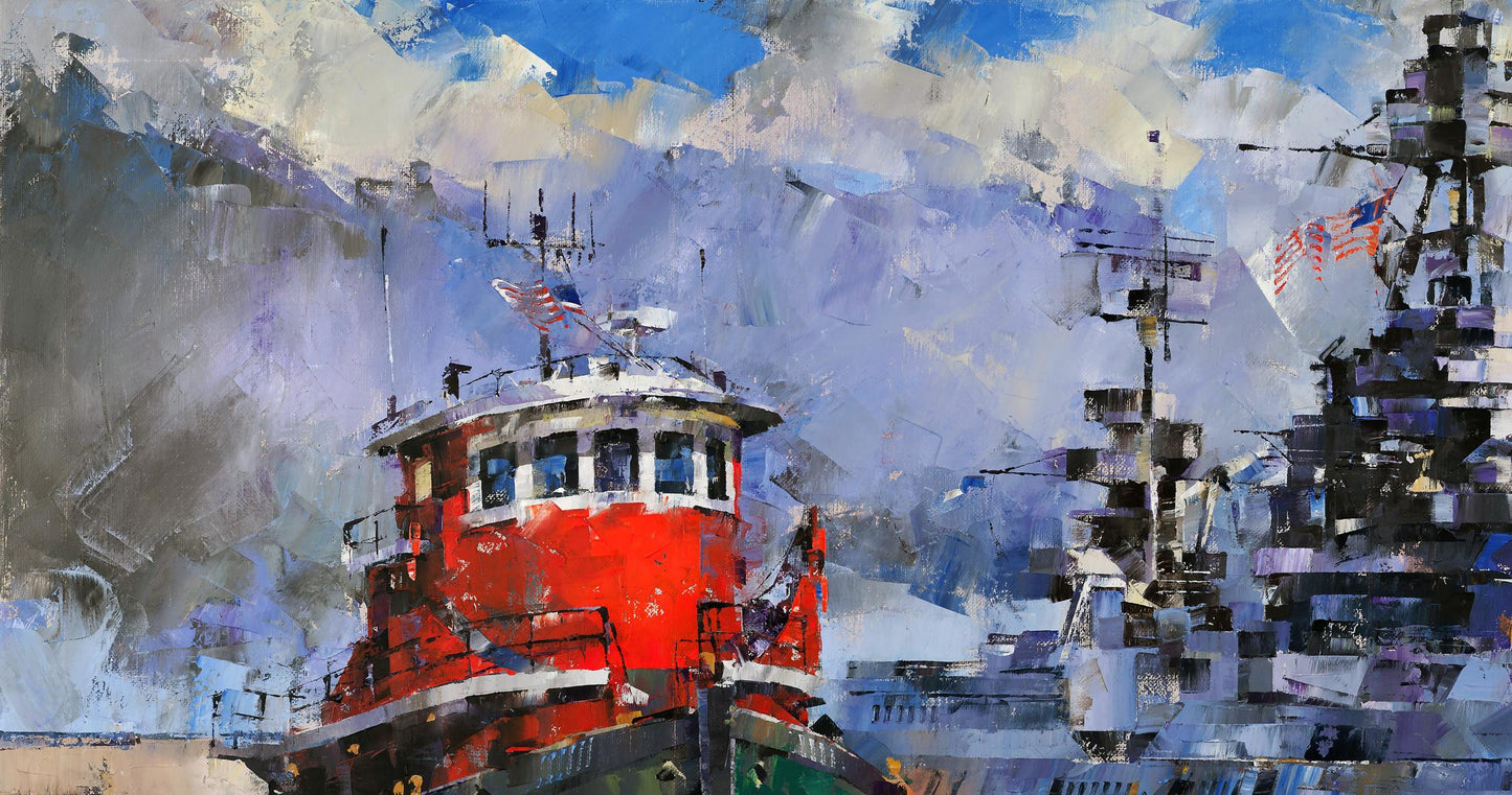 Vibrant red tugboat with white superstructure, US flag in Fearless oil painting by Volodymyr Gluhomanyuk