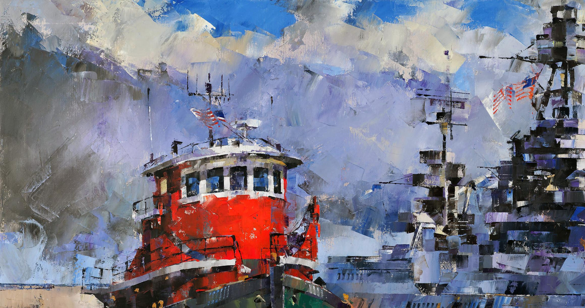 Vibrant red tugboat with white superstructure, US flag in Fearless oil painting by Volodymyr Gluhomanyuk