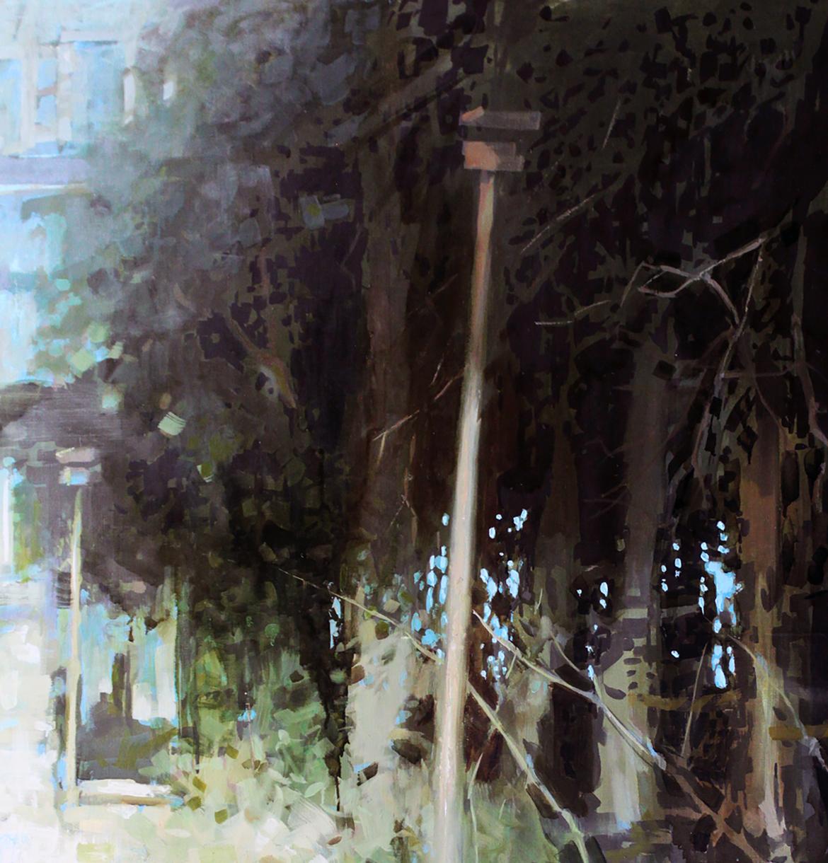 Oil painting Outskirts by Ed Potapenkov: tall wooden pole in dense foliage