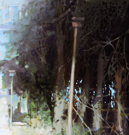 Oil painting Outskirts by Ed Potapenkov: tall wooden pole in dense foliage