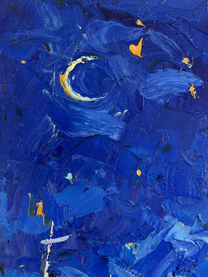 Oil painting Moonlit night over the city by Oksana Ivanyuk with swirling blue sky