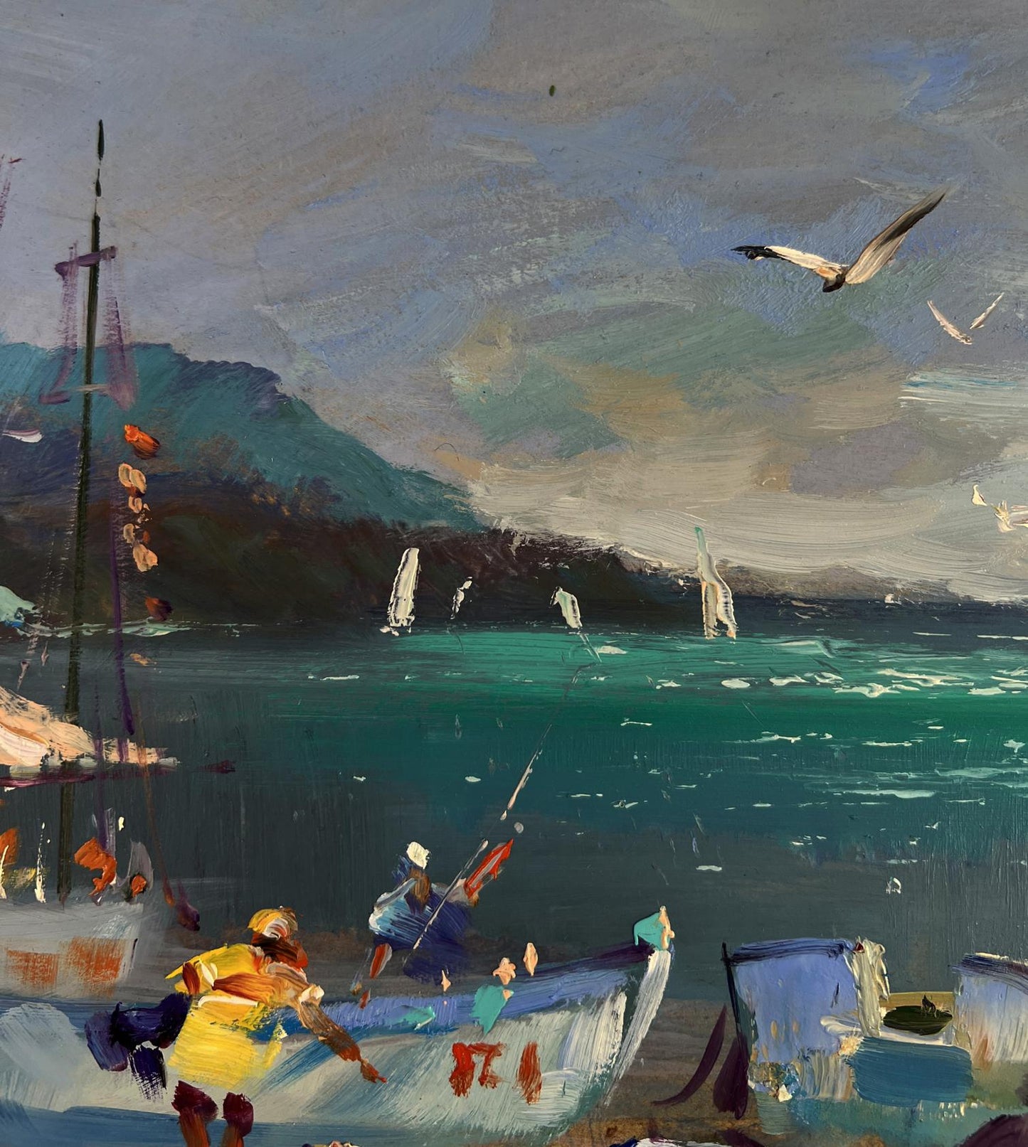 Vibrant impressionist oil painting of fishermen, sailboats and coastal hills by Yuri Suprunchuk
