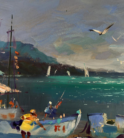 Vibrant impressionist oil painting of fishermen, sailboats and coastal hills by Yuri Suprunchuk