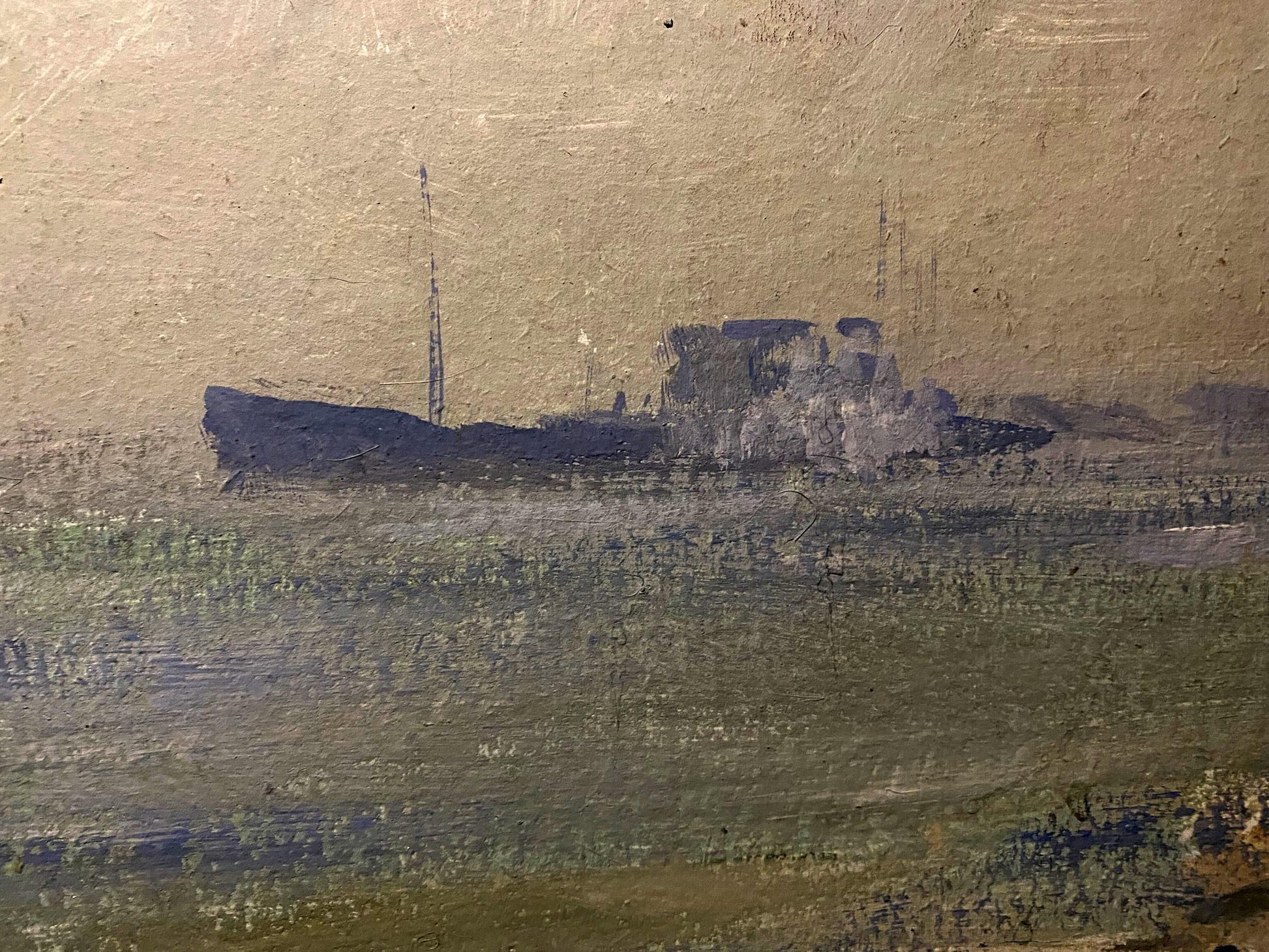 Impressionistic oil painting of muted blue gray ship by Petro Sulymenko