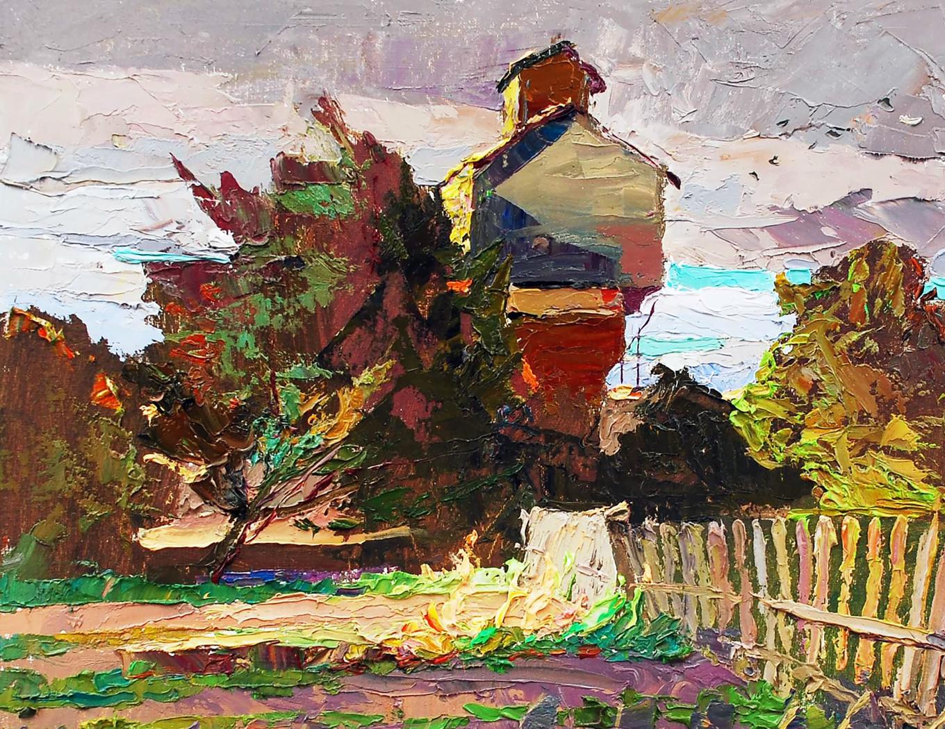 Impressionistic oil painting Evening sketch by Egor Shvachunov rustic house in foliage