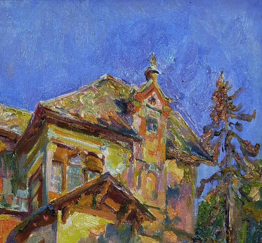 Oil painting East side of the house by Leonid Pavlenko vibrant impressionist rustic home