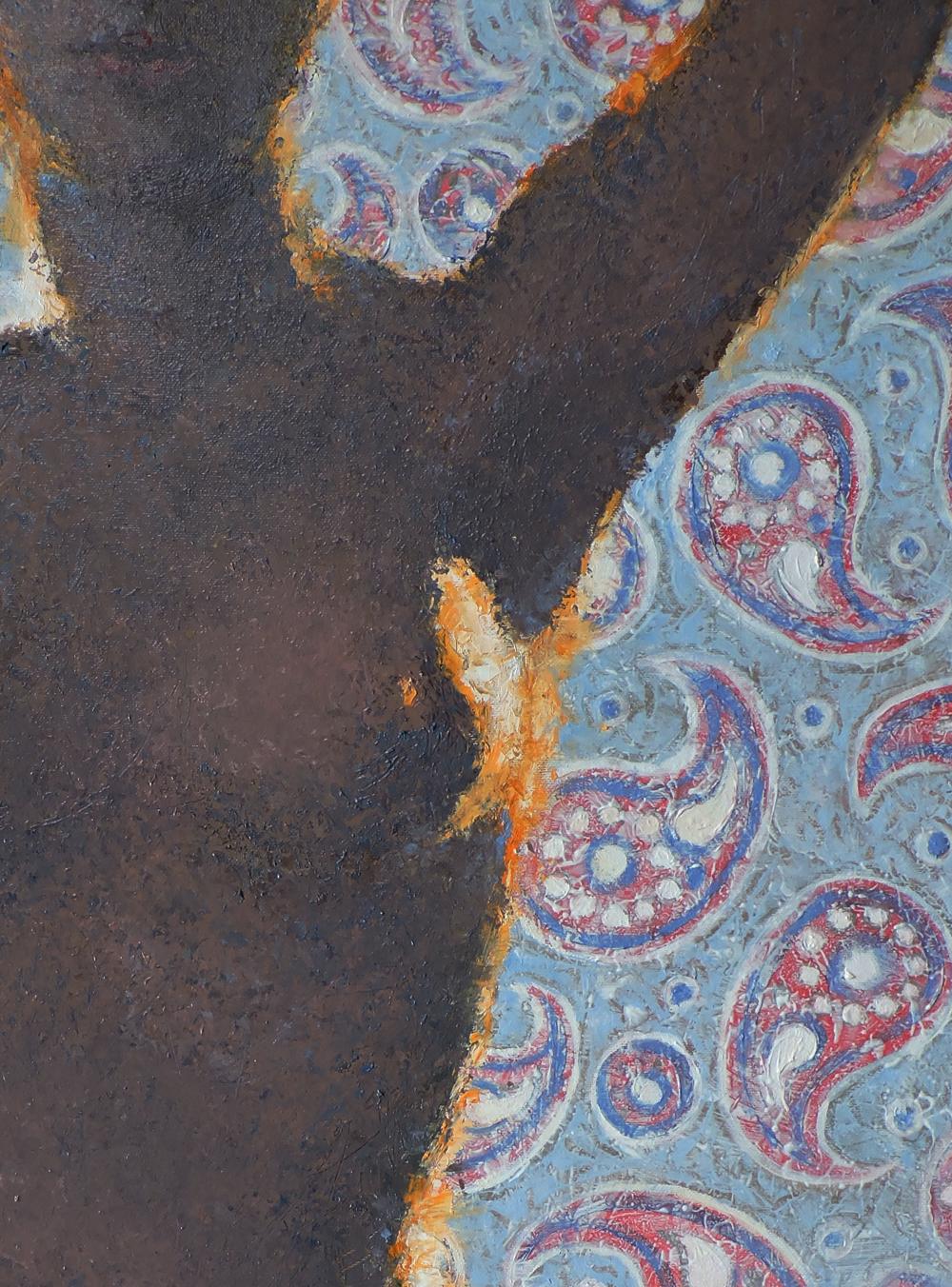 Back of oil painting Portrait of female figure Oksana Osnach with paisley fabric