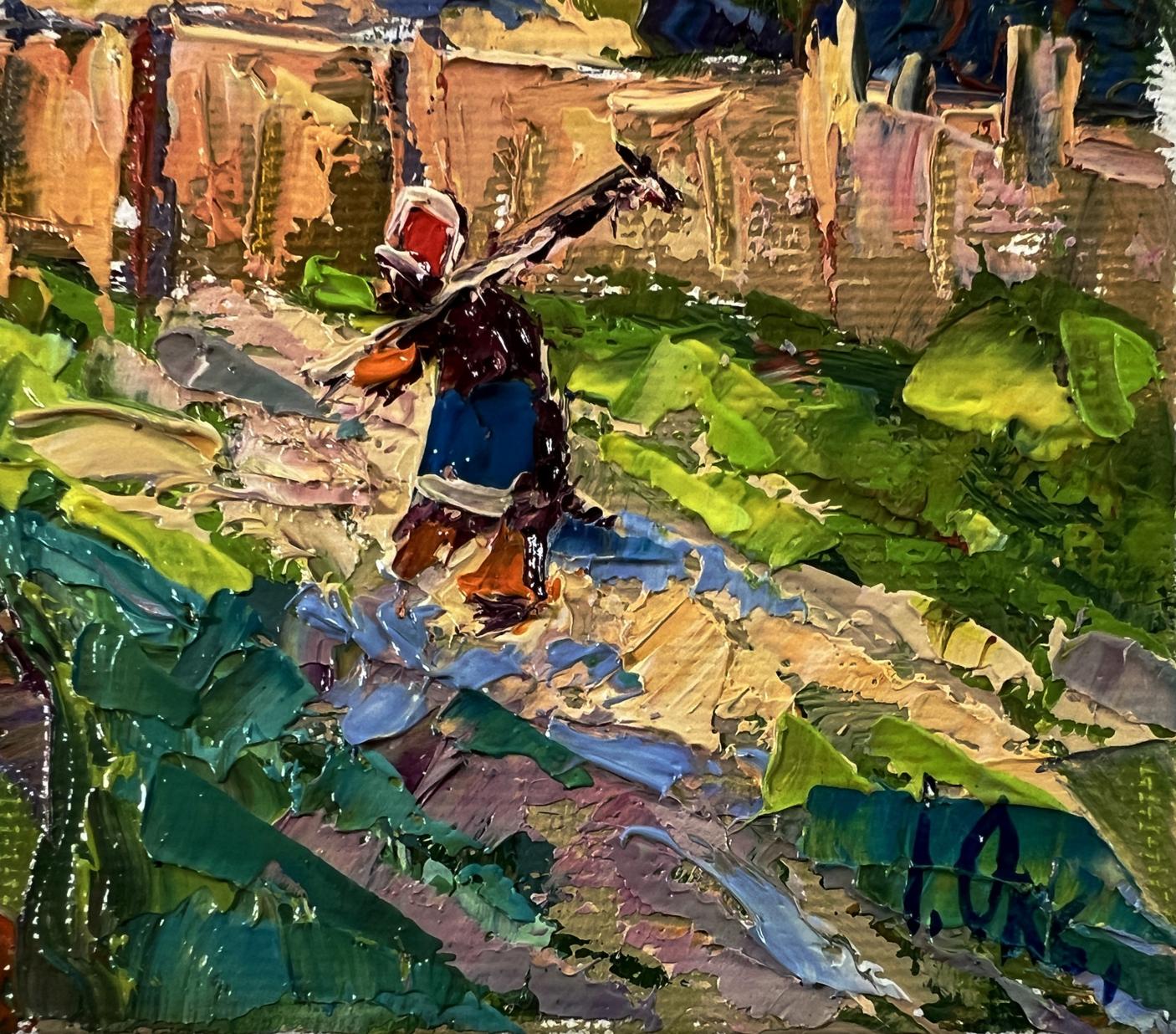 Vibrant impressionist oil painting by Oksana Ivanyuk: summer village day figure with staff