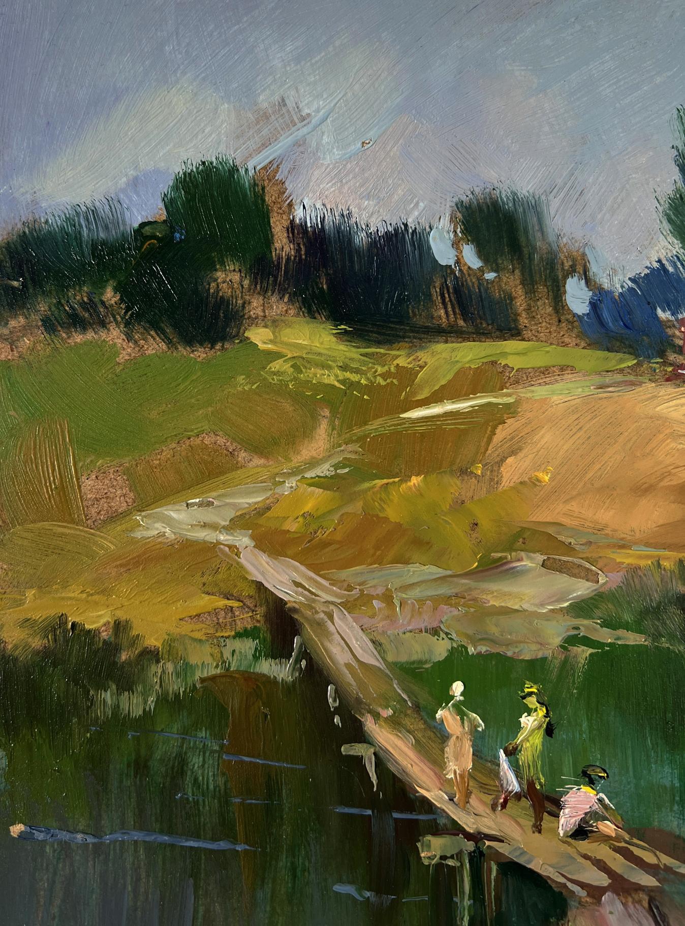 Oil painting by Yuriy Suprunchuk: children walking by rustic river bridge