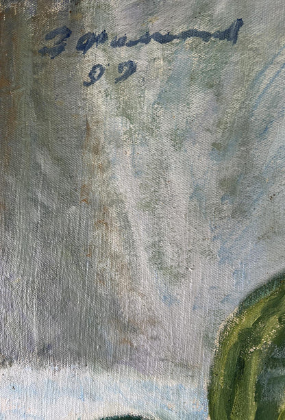Signed Zinovy Filippov oil painting On the dining table, textured grays and blues