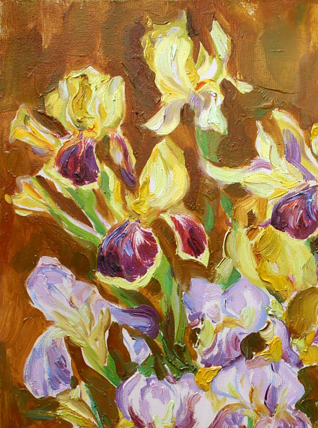 Vibrant oil painting Sunny morning with irises by Leonid Pavlenko