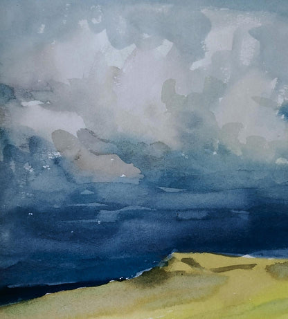 Watercolor painting of yellow field under blue sky by Vitaly Duhnevich