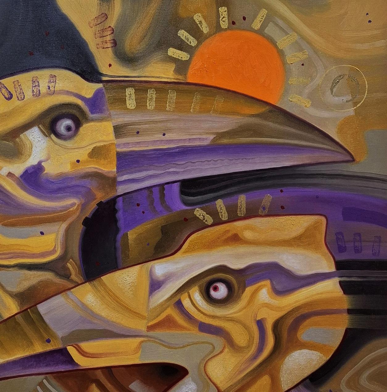 Oil painting The Lost World by Sergiy Voichenko with gold purple bird heads