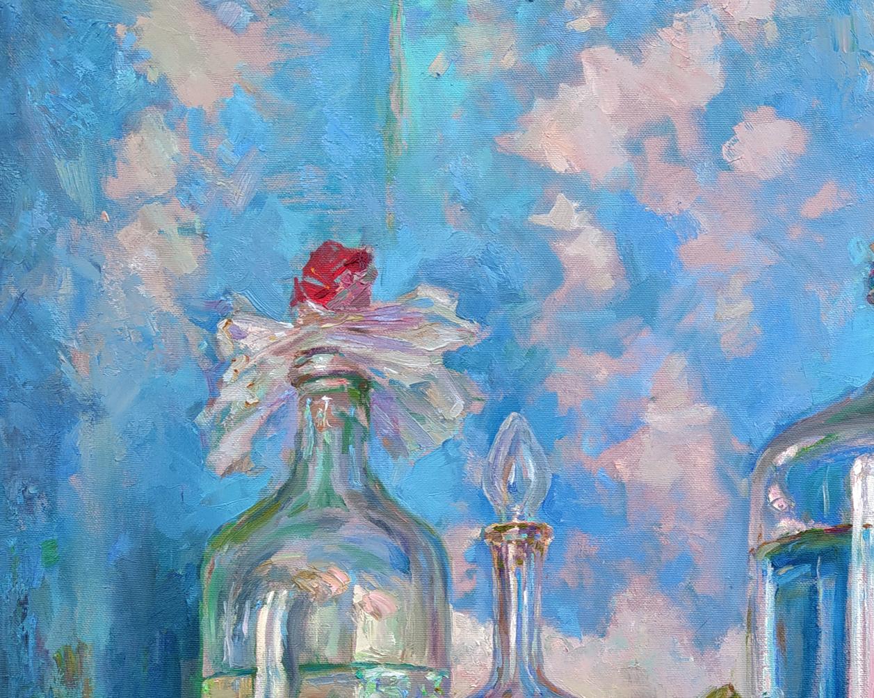 Oil painting of clear glass bottle with red flower and white ribbon by Leonid Pavlenko