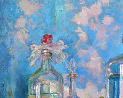 Oil painting of clear glass bottle with red flower and white ribbon by Leonid Pavlenko