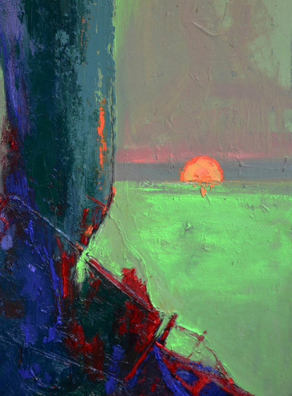 Oil painting Evening at the Sea by Natalia Korf-Ivaniuk: orange sunset over green field