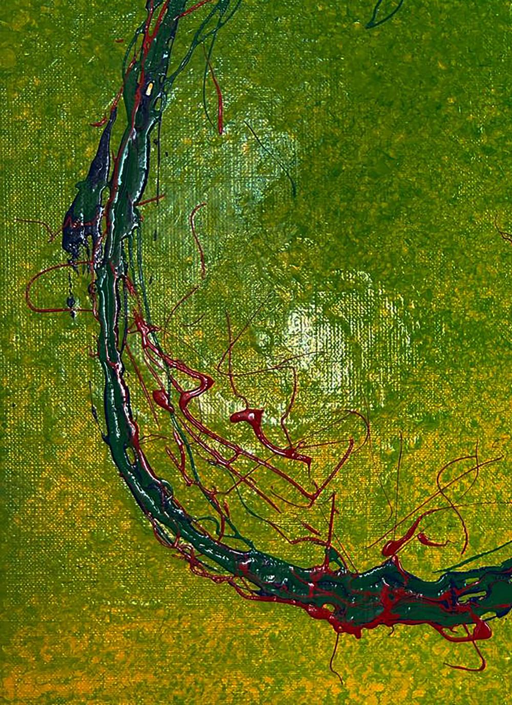 Bright lemon acrylic painting by Olga Melezhik, vibrant green crimson drips