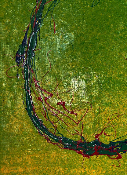 Bright lemon acrylic painting by Olga Melezhik, vibrant green crimson drips