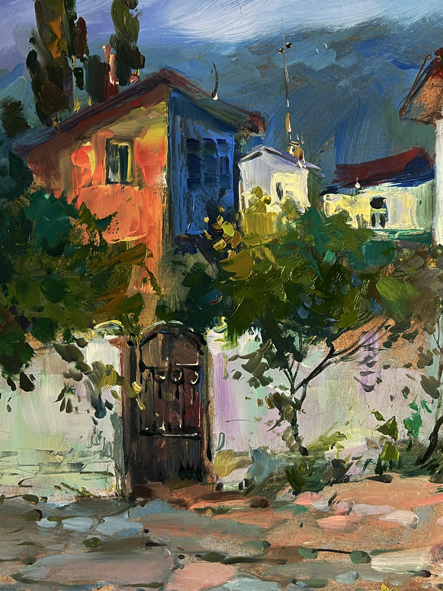Vibrant impressionist oil painting by Yuriy Suprunchuk of village street stairs