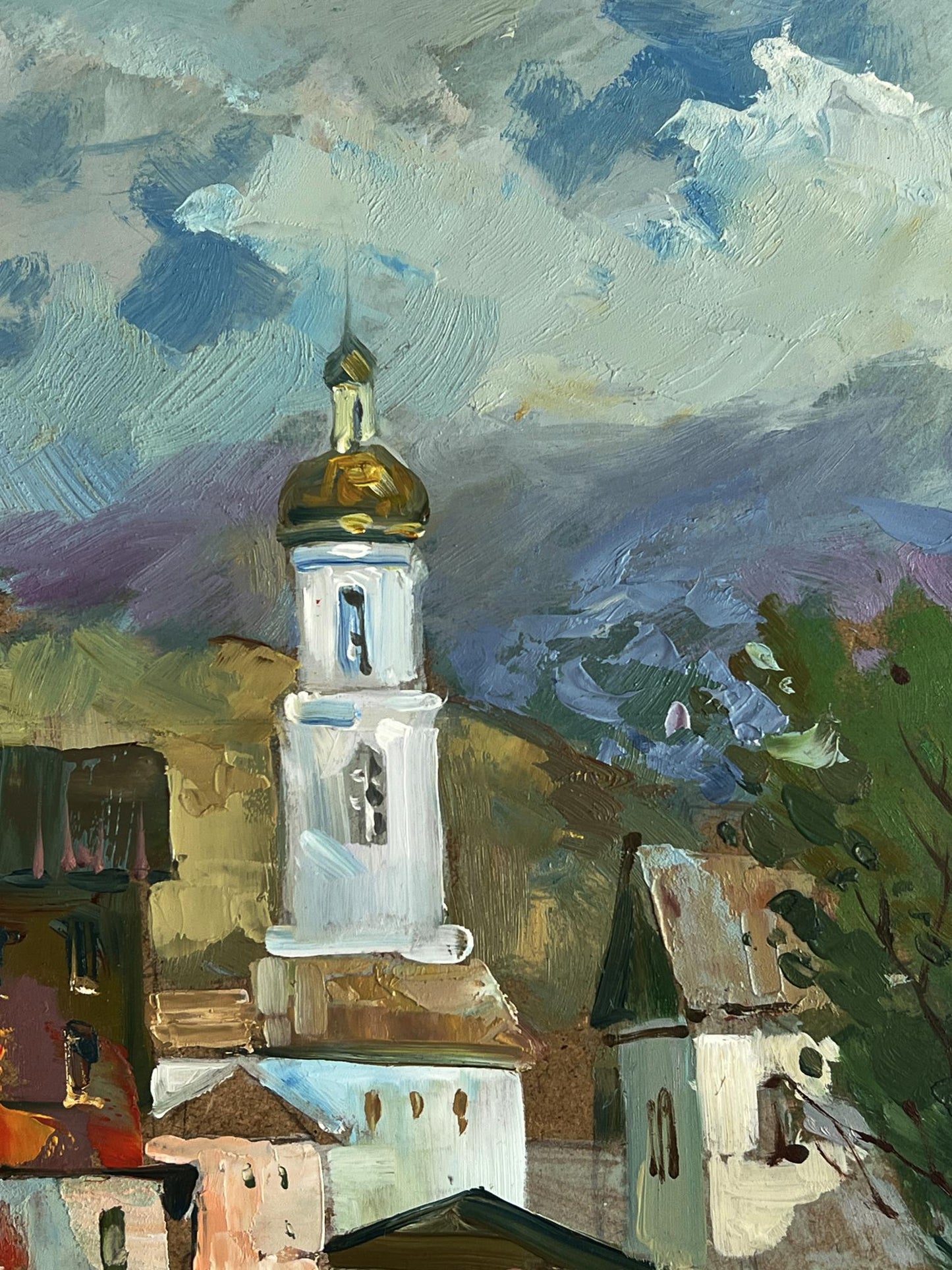Oil painting of white church tower with golden dome by Yuriy Suprunchuk