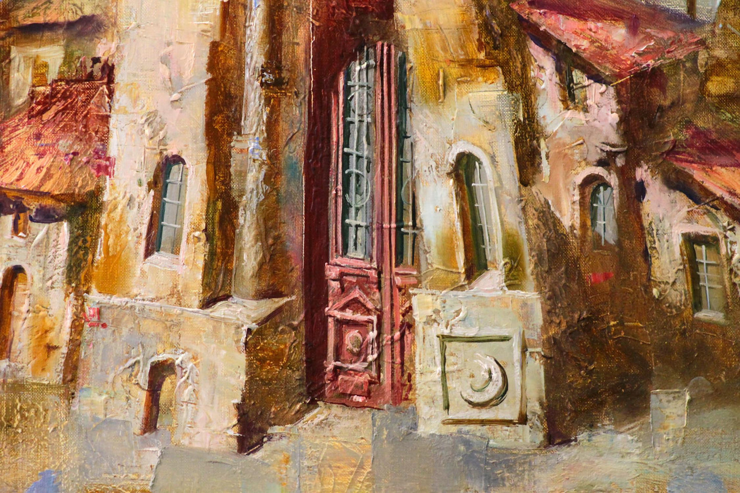 Oil painting Memories by Alexander Dobrodiy: weathered red door on stone buildings