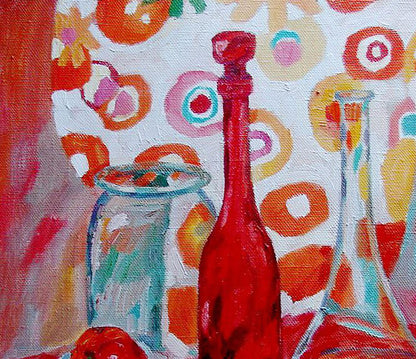 Oil painting Red still life by Tatyana Shulyak vibrant red glass bottle