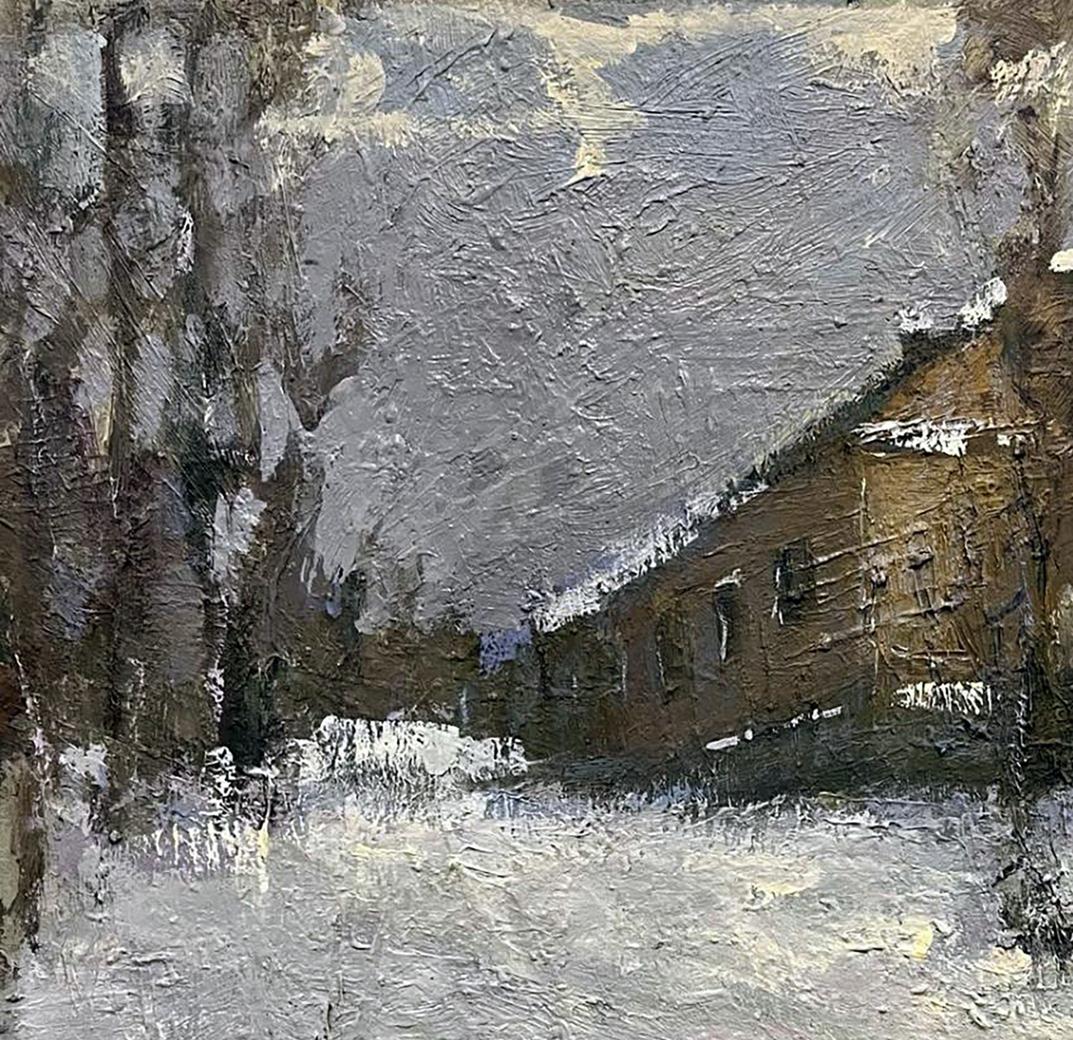 Textured impressionistic snowy landscape with rustic house by Volodymyr Pashchenko