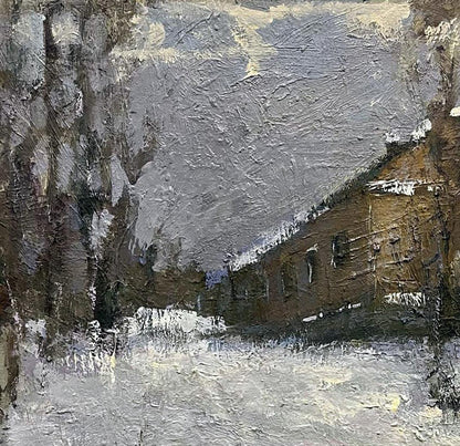 Textured impressionistic snowy landscape with rustic house by Volodymyr Pashchenko
