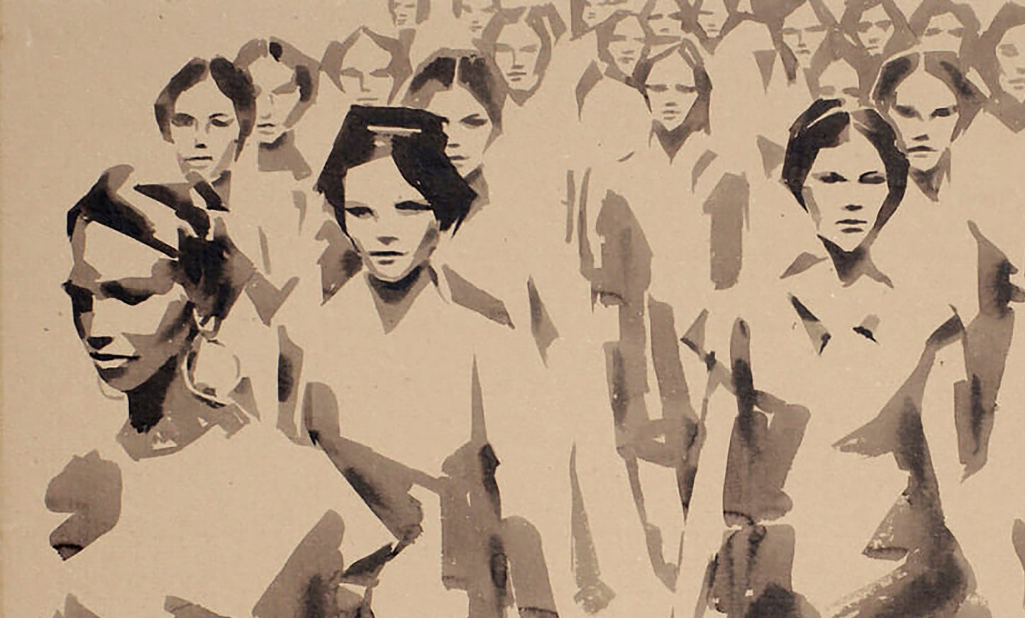 Stylized ink painting Divergence of People by Dima Filatov: crowd of women