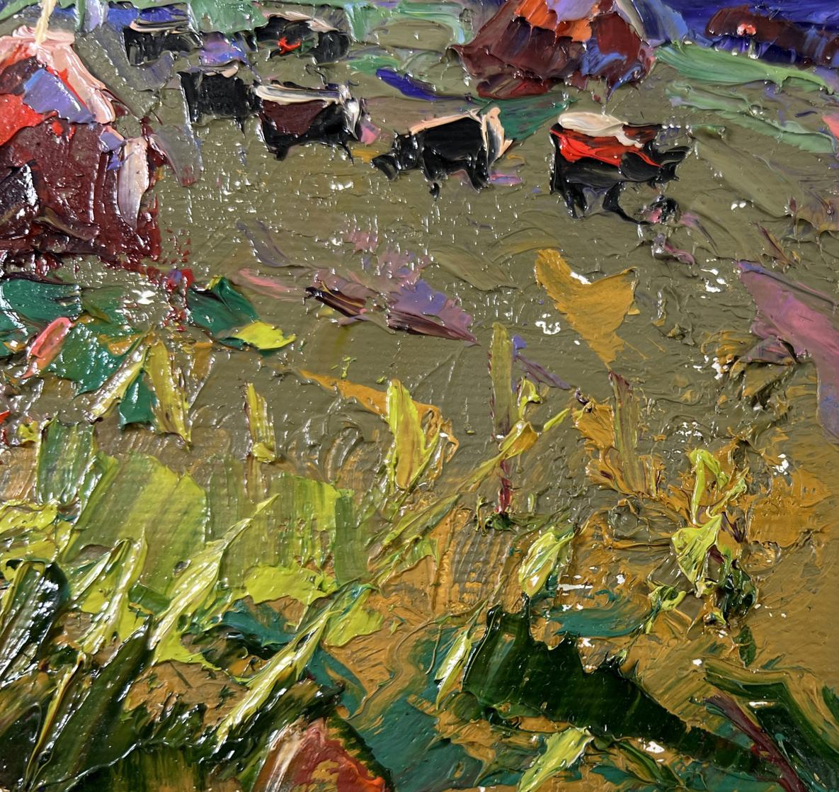 Oil painting Colors of Evening by Oleksiy Ivanyuk: textured green field with cows