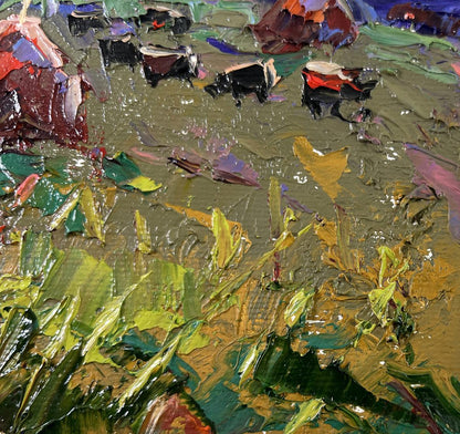 Oil painting Colors of Evening by Oleksiy Ivanyuk: textured green field with cows