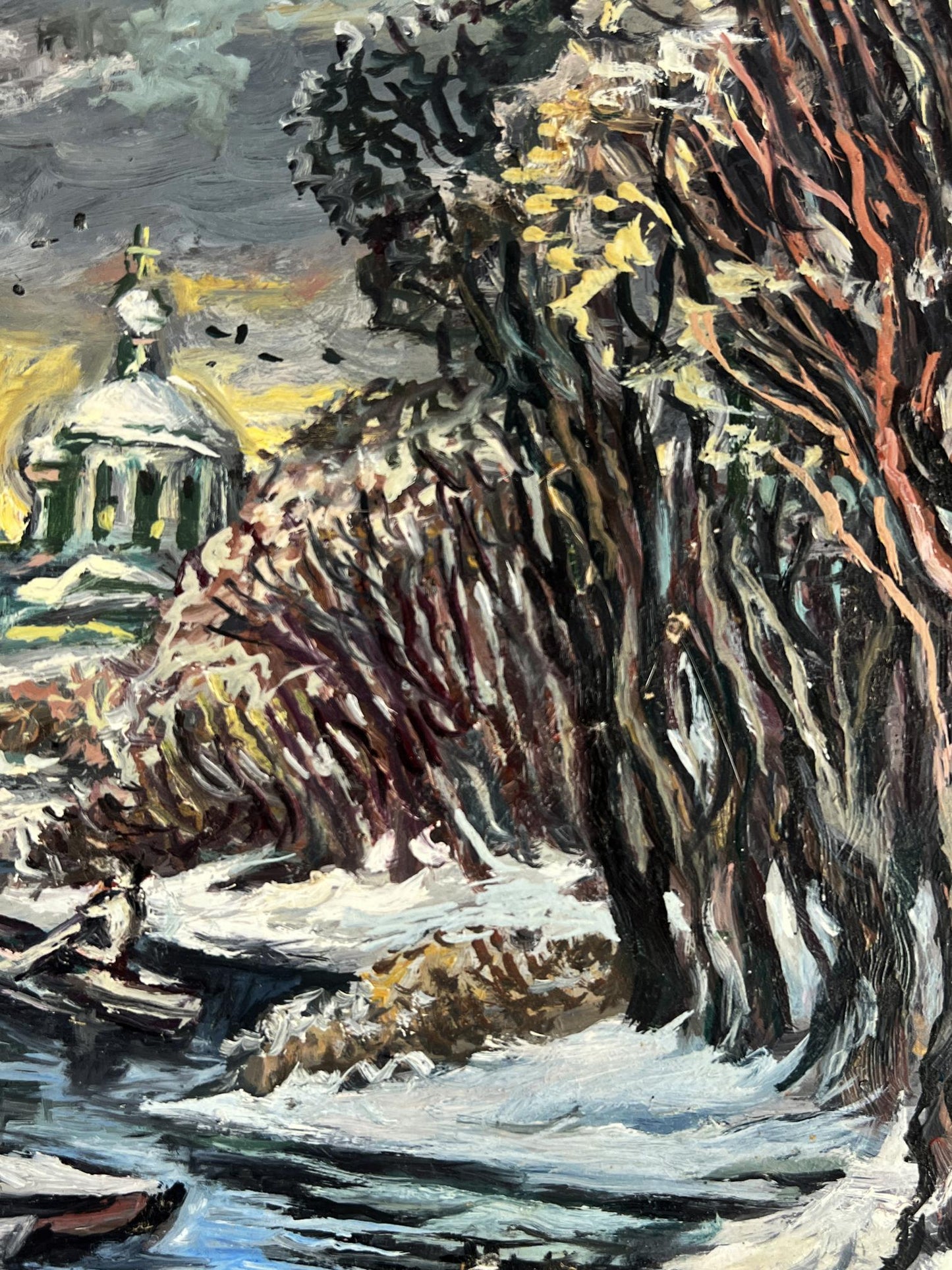 Oil painting of snow-covered winter forest stream by Alexander Litvinov