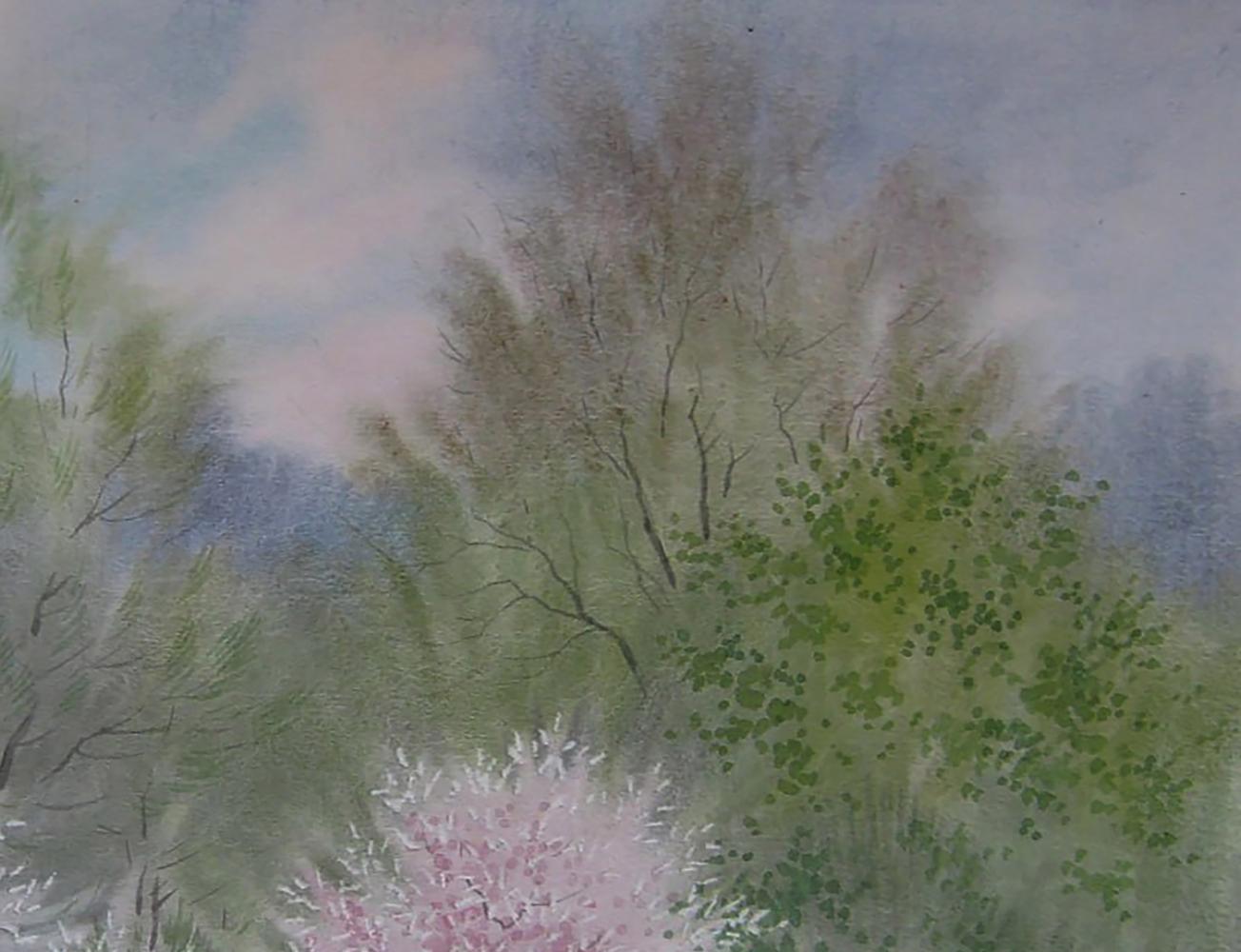 Soft watercolor forest with misty trees and pink blossoms by Valery Savenets