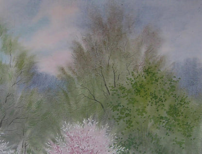 Soft watercolor forest with misty trees and pink blossoms by Valery Savenets