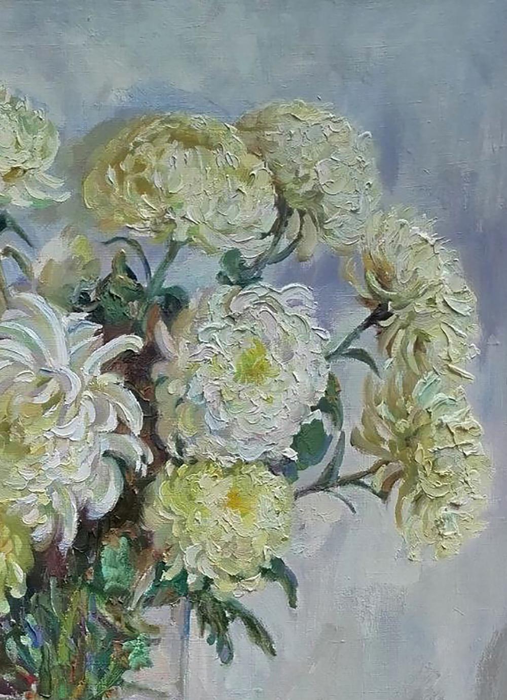 Textured oil painting of pears, white yellow chrysanthemums by Leonid Pavlenko