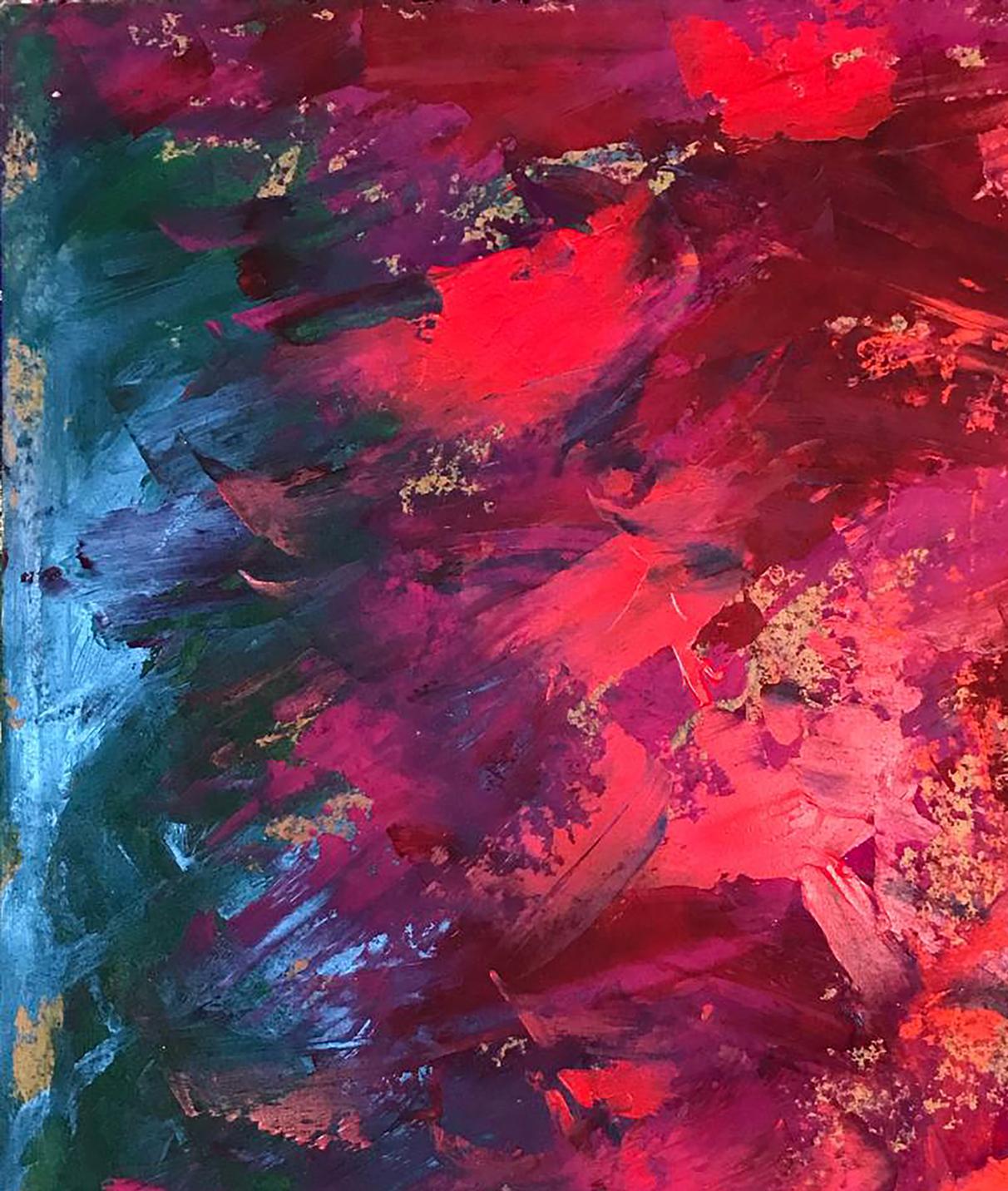 Vibrant acrylic painting Colors inside by Olga Melezhik with bold reds purples blues