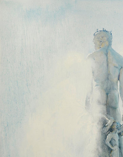 Pale blue watercolor of crowned muscular Neptune by Oleg Kateryniuk